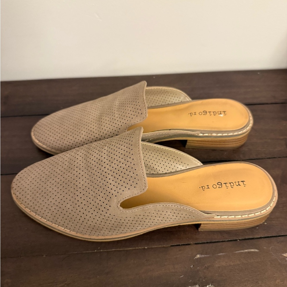 Indigo Rd. Perforated Mule Slides Taupe Suede - image 1